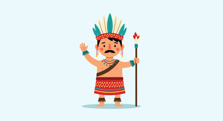Cartoon illustration of a friendly indigenous man with a mustache, wearing a traditional feathered headdress and holding a spear.
