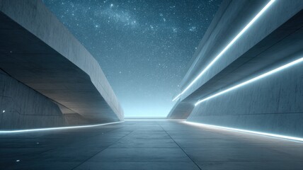 Futuristic Architecture with Neon Lighting and Starry Sky: Modern Design for Innovation and Technology