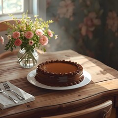 Classic Chocolate Ganache Cake on Rustic Wooden Table with Fresh Pink Roses