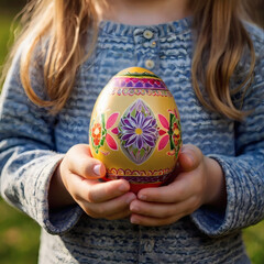 Happy Child Holding Painted Easter Egg in Soft Spring Light