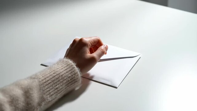 Hand sealing a white envelope on a white table.