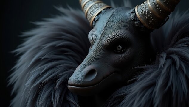 Mysterious Dark Creature with Ornate Horns and Furry Mane.