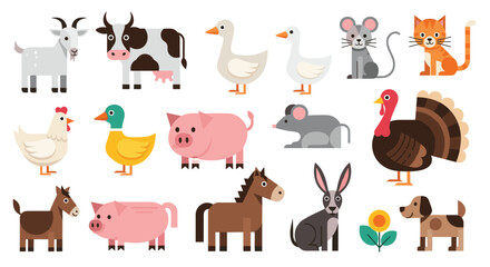 Large collection of cute cartoon farm and domestic animals in a simple, flat geometric style isolated on a white background. © Fahima