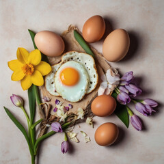 Easter breakfast with fried eggs, fresh tulips and spring flowers on beige background.