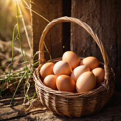 Fresh brown organic eggs in a wicker basket on a rustic farm background with sunlight