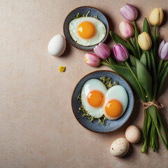 Easter breakfast with fried eggs, fresh tulips and spring flowers on beige background.