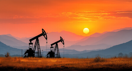 Oil wells stand against a bright sunset in the mountains during evening hours near a vast horizon