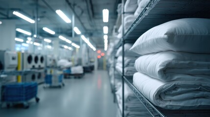 Obraz premium Interior of a large industrial laundry facility with stacks of folded white linens on shelves