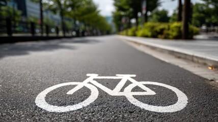 Obraz premium Designated Bike Lane in Urban Setting with Bicycle Symbol and Greenery, Promoting Healthy Lifestyle