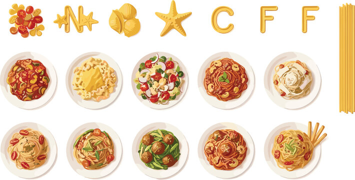 Pasta types and Italian dishes collection. Spaghetti, penne, farfalle and seafood recipes set. Traditional Italian cuisine top view food vector illustration.