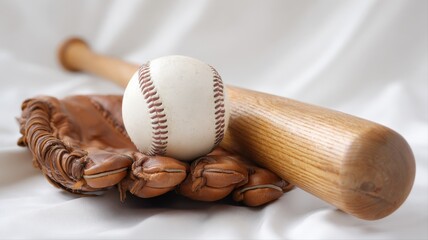 Baseball Still Life: Close-Up of Ball, Glove, and Bat on White Fabric Background