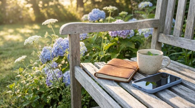 Peaceful garden setting with journal and tea on wooden bench in natural and floral tones representing a serene Easter spring morning [with copy space]