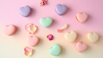 Fototapeta premium Colorful heart shaped macarons on pastel background