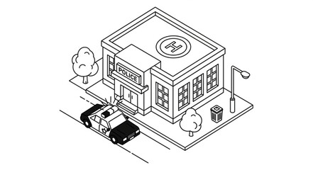 Police Station Building with Patrol Car Outside Isometric View. © ngopi