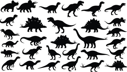 Dinosaur silhouette collection, prehistoric animal vector, T-Rex illustration, Triceratops silhouette, Stegosaurus art, Brachiosaurus design, fossil icon, Jurassic wildlife, black silhouette artwork © Enamul