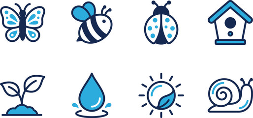 Spring nature and garden insects icon set blue minimalist vector symbols of butterfly bee ladybug birdhouse wildlife sprout sun rain © Madhuka Disanayaka