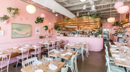 Fototapeta premium Contemporary dining space features light pink walls, wooden tables, and abundant greenery
