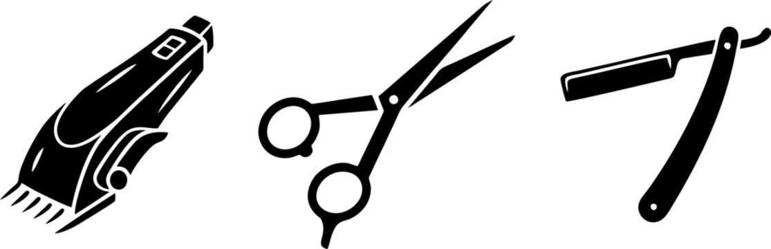 Barber hair clipper and grooming tools set silhouette