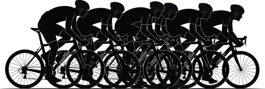 Cycling peloton silhouette, professional road bike racers riding together in a group on a white isolated background,