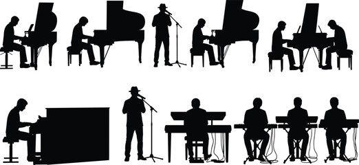 Musician silhouette set, pianist playing grand piano and singers with microphone collection isolated on white background for stock, © Rezaul