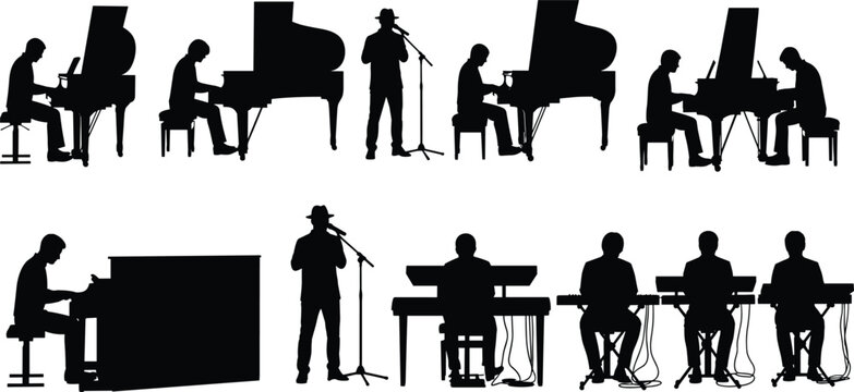 Musician silhouette set, pianist playing grand piano and singers with microphone collection isolated on white background for stock,