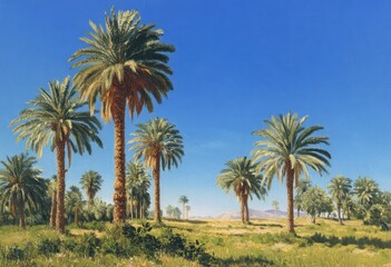 Sun-Drenched Date Palms in a Lush Oasis Against a Vivid Blue Sky.