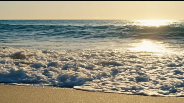 Cinematic close up of golden hour ocean waves crashing on sandy beach, sunset seascape with foam and water texture, slow motion nature background, no people. Ai Generated