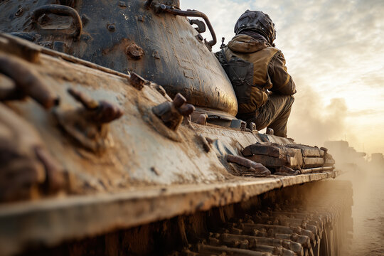 Soldiers climb onto military tank during training in a dusty environment at sunset with clouds in the sky