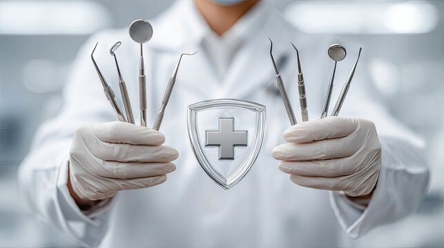 Doctor Holding Dental Instruments With a Protective Shield for Dental Care
