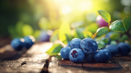 Close-up of Fresh Blueberries on Rustic Wood Surface with Bokeh Background and Natural Light
