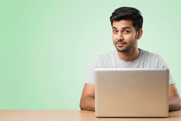 Curious Indian College Student Using Laptop on Green Background