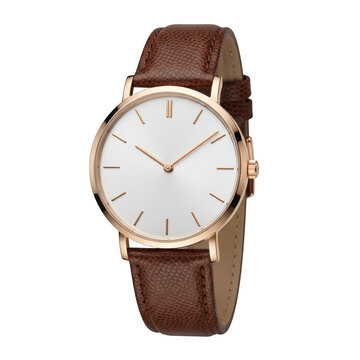 Elegant gold and brown leather strap wristwatch with white dial and minimalist design