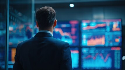 Financial Analyst Reviewing Stock Market Data on Multiple Screens in Dark Office Environment