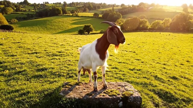 Goat Standing Proudly on a Rock in a Lush Green Field.