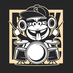 Complete professional drum kit vector logo with bass drum, toms and cymbals in percussive arrangement