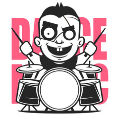 Complete professional drum kit vector logo with bass drum, toms and cymbals in percussive arrangement