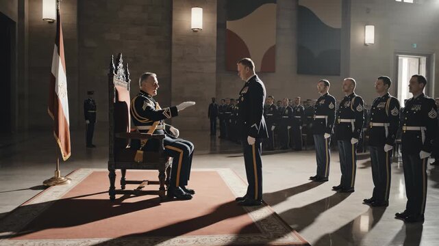 Ceremonial Military Event - Dignitary Seated, Soldiers Standing in Formation.