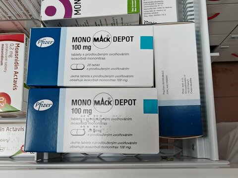 Prague,Czech Republic-23.01.2026: Mono Mack Depot containing isosorbide mononitrate is used for prevention of angina pectoris