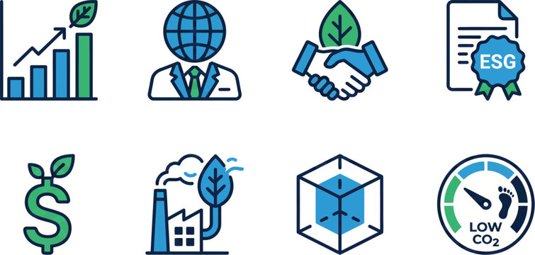 Corporate sustainability and ESG business icon set blue modern symbols for fair trade green growth environmental reporting finance investment