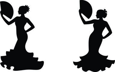 Flamenco dancer silhouette illustration, Spanish dance woman with fan, elegant cultural performance, traditional costume, black isolated figures, white background