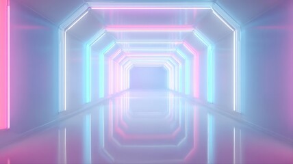 Fototapeta premium Abstract Neon Corridor with Geometric Shapes and Reflections, Modern Architecture and Design, Futuristic Interior