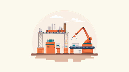 Obraz premium Modern Industrial Factory with Robotic Arm and Automated Production Line Illustration
