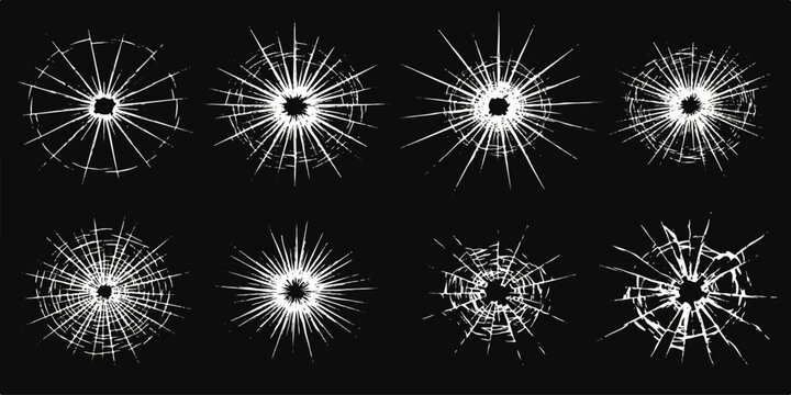 Set of eight white shattered glass crack effects, bullet holes, and abstract radial patterns on a black background, vector illustration