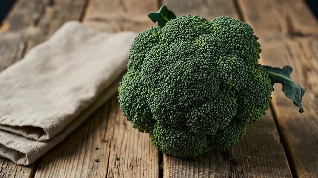 Fresh broccoli head with a linen cloth on rustic wooden surface