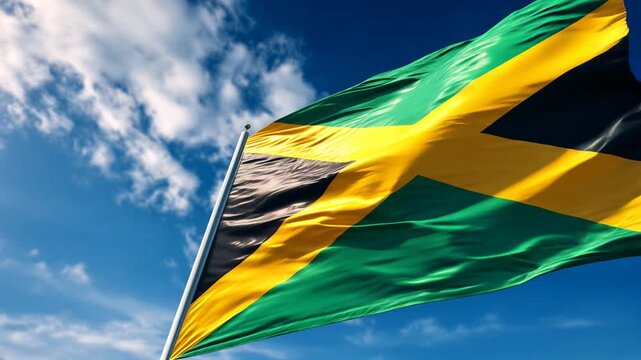 jamaican flag waving in blue sky. flag of jamaica