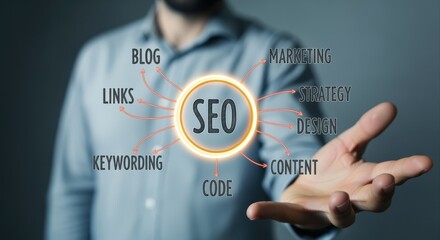 SEO Optimization Strategy Displayed with a Man Holding a Digital Diagram Showing Website Improvement Elements