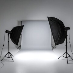 A professional photography studio setup with white backdrop and two lights with reflectors, creating a bright and even illumination