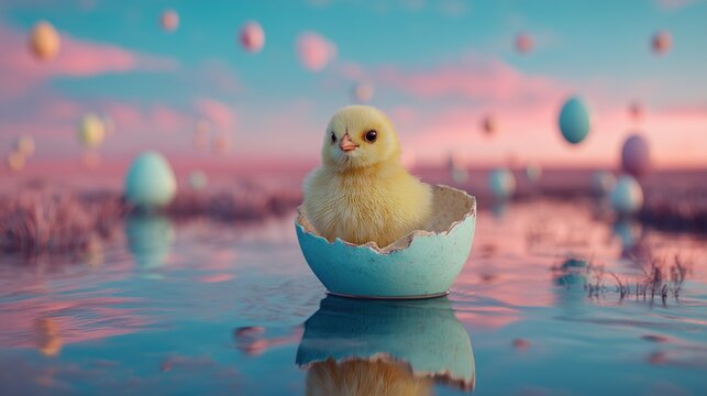 Cute baby easter chick hatching from speckled egg floating on pastel water at sunrise sky background