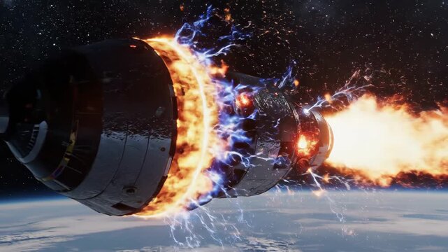 Spacecraft reentry into Earths atmosphere with intense heat and plasma effects.