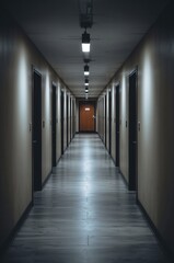 Long Hallway With Doors and Lights in a Building at Night